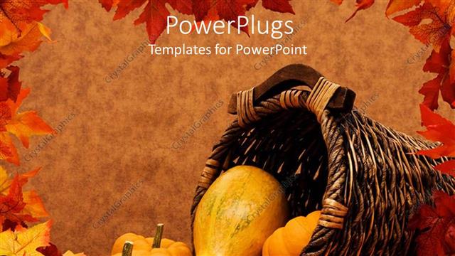  Presentation with frame - Pumpkins and gourds falling out a basket on brown background with frame of autumn leaves, fall harvest scenery