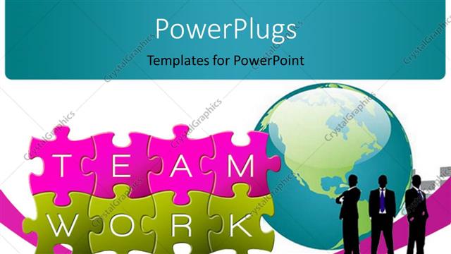  Presentation with keyword - Puzzle with the keyword Teamwork with silhouettes of business people standing near 3D globe and white color