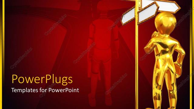  Presentation with blank signs - Puzzled gold figure standing next to blank street signs