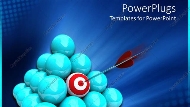 Presentation with red white blue - Pyramid of glossy blue spheres with one sphere with white and red target and dart pointing the center of target