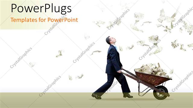  Presentation with rain - Rain of dollar bills with business man pushing a barrow filled with money