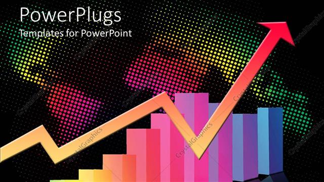  Presentation with map graph - Rainbow colored chart bars with rising arrow and world map on black background