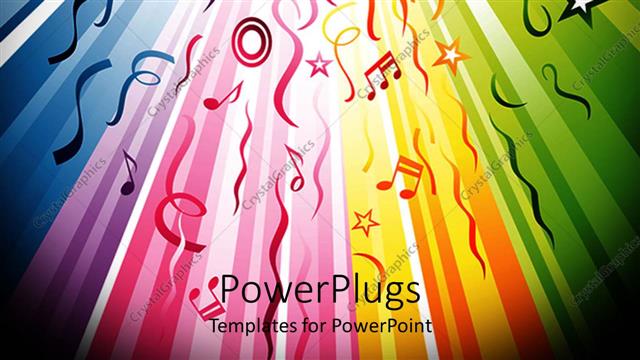  Presentation with festive - Rainbow colored lines flowing from the back to the front with colorful music notes and stars, ribbons and streamers circles