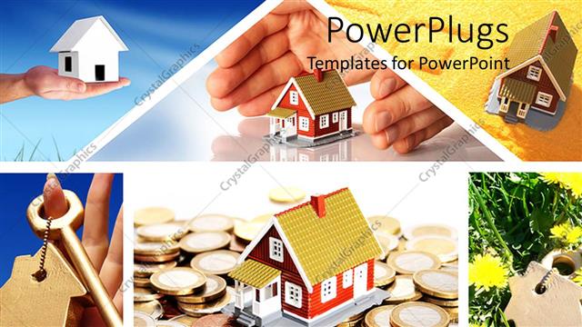  Presentation with real estate - Real estate collage with houses, keys, hand, coins, first home