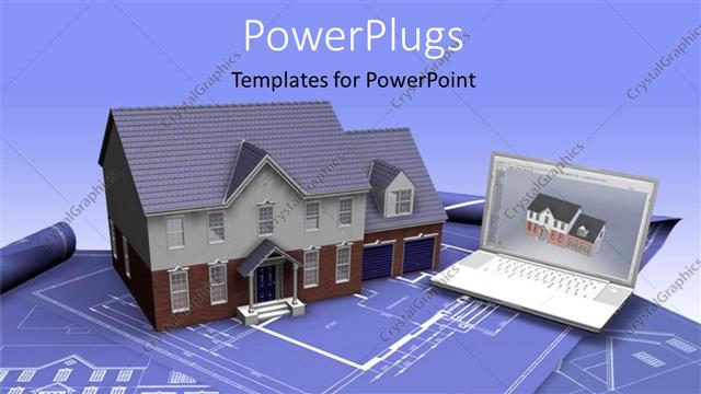  Presentation with real estate - Real estate concept with Blueprint and house model and laptop, blue color