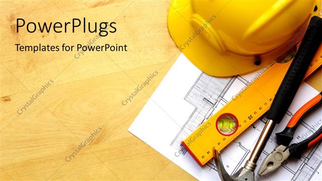  Presentation with real estate - Real estate concept with hard hat blueprints tools and wooden texture