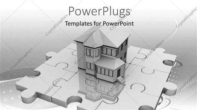  Presentation with abstract puzzle - Real estate house standing on jigsaw puzzle with abstract grey design