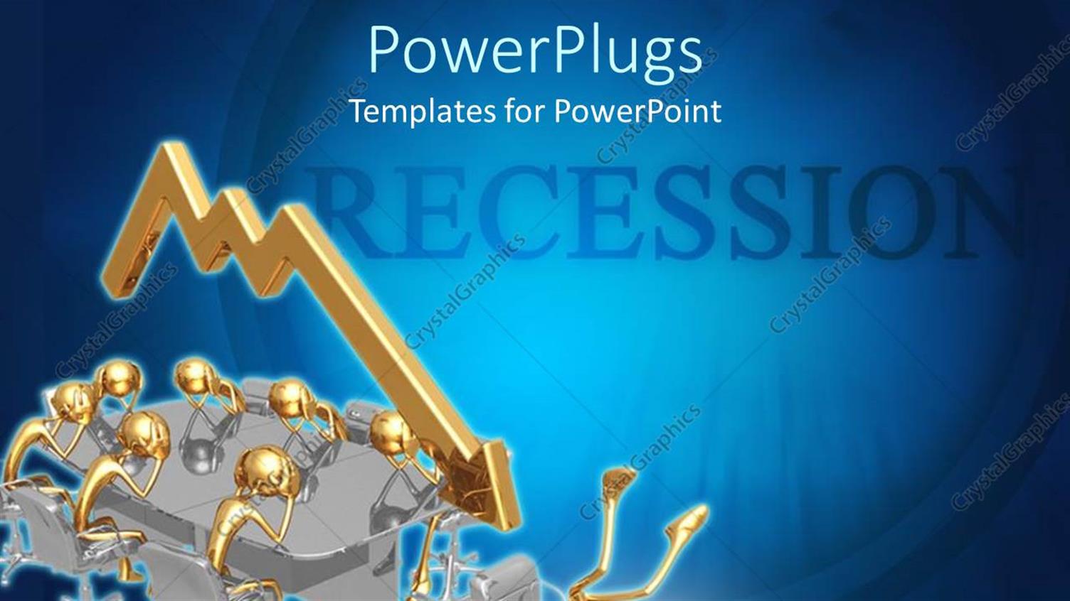 Featuring Recession Theme with Sad Gold People at Board Room Table, Gold Downward Trend Arrow