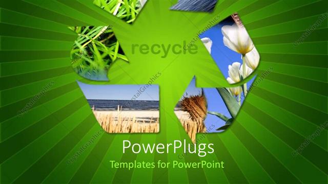  Presentation with recycle - Recycle symbol showing grass, water, sky, flowers, green striped background