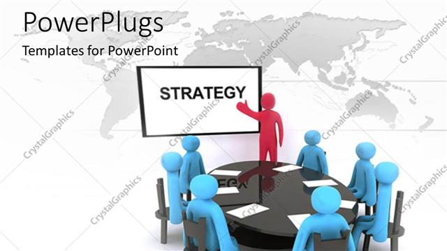  Presentation with conference table - Red 3D man giving presentation to blue team around conference table