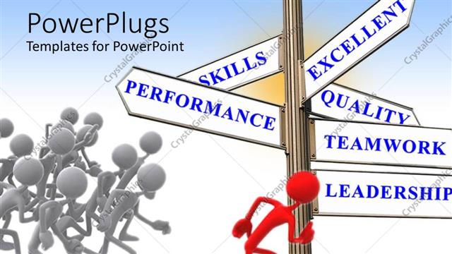  Presentation with leadership - Red 3D man leading others with sign post of leadership?