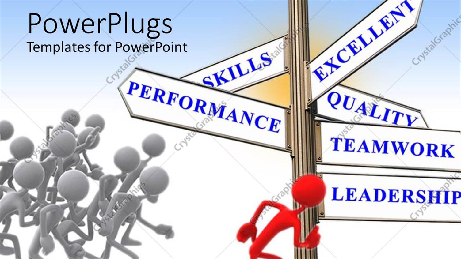 Featuring Red 3D Man Leading Others with Sign Post of Leadership 