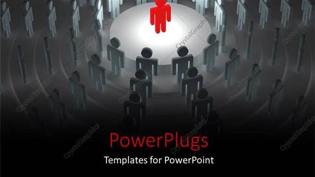  Presentation with team leadership - Red 3D man stands on stage in conference hall depicting leadership