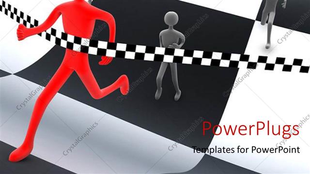  Presentation with race track - Red 3D man wins race on wavy black and white patterned track