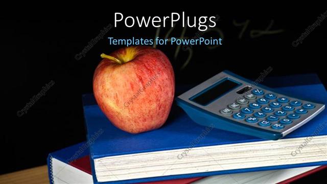  Presentation with class - Red apple and calculator on pile of books over black background