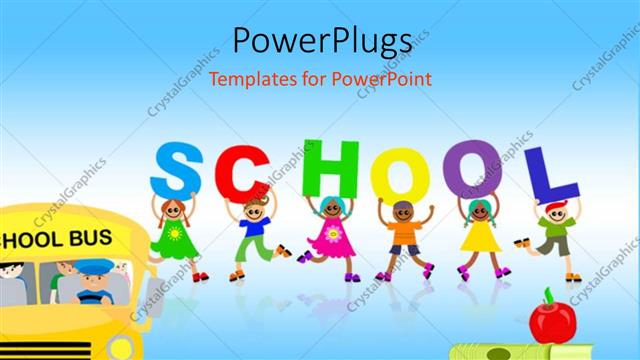  Presentation with school - Red apple on pile of books with school bus and happy kids