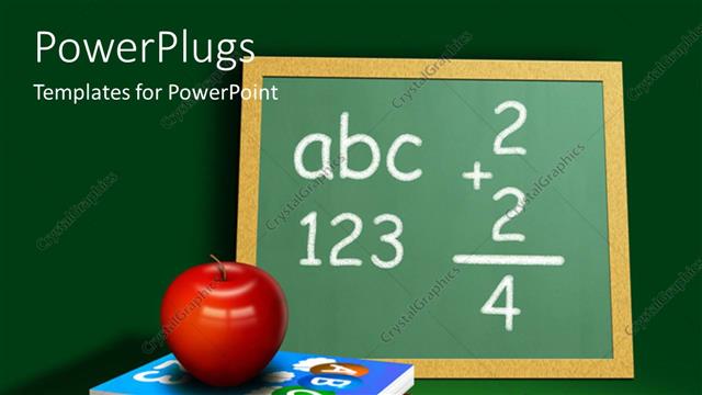  Presentation with school apple - A red apple on two books and a board with pencils