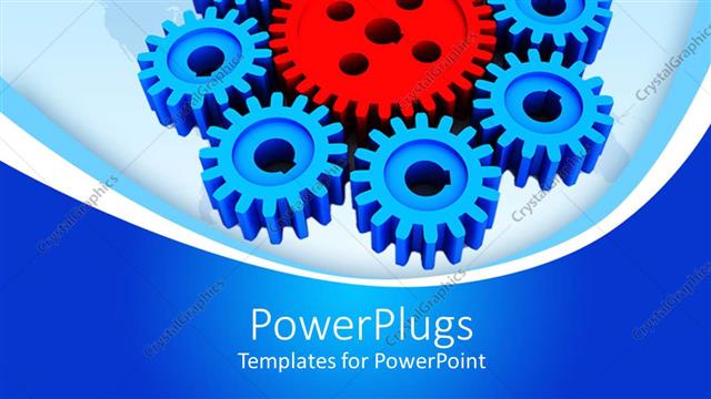  Presentation with mechanical - Red and blue mechanical gears on world map, industry, manufacturing