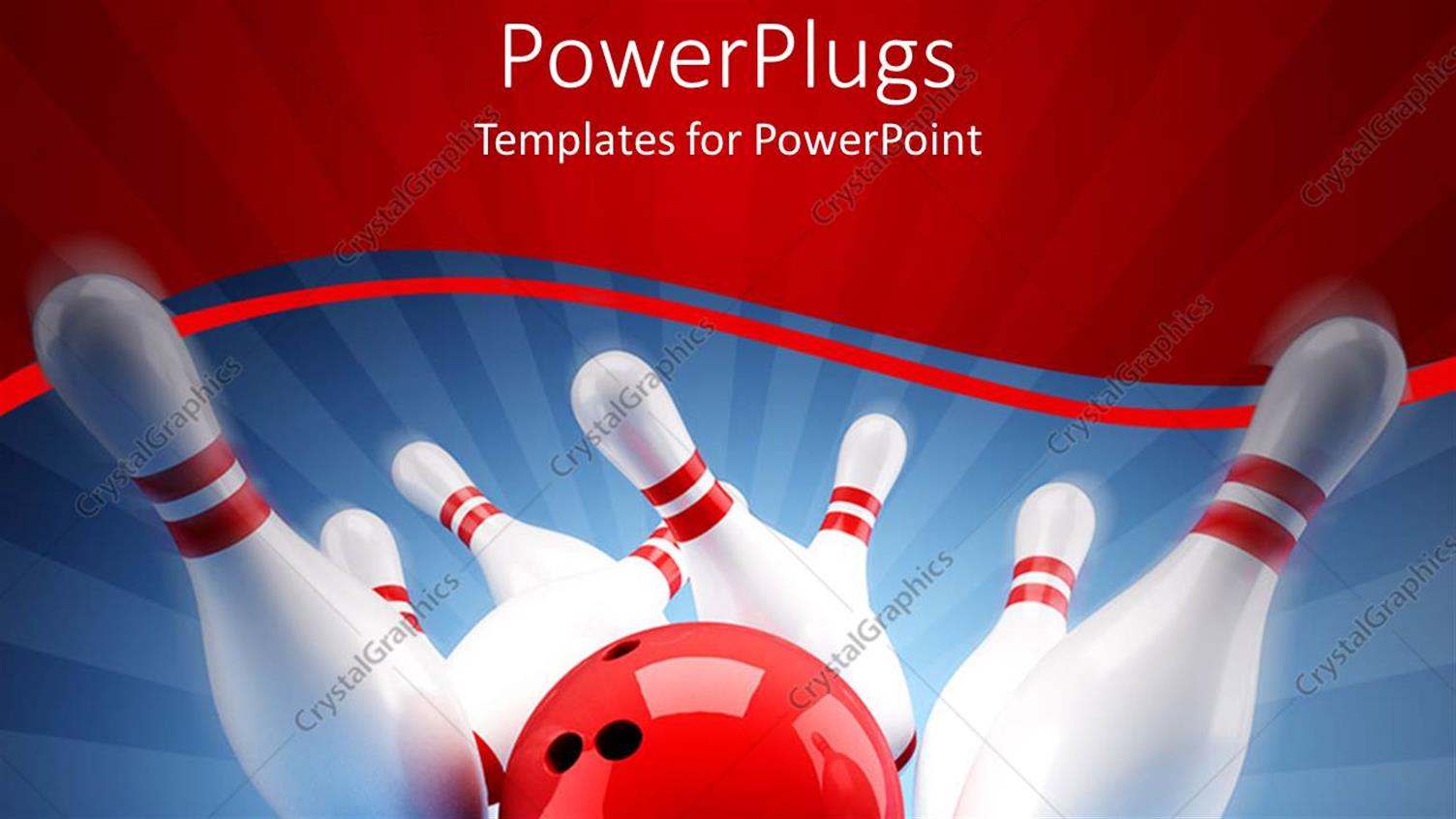 Featuring Red Bowling Ball Crashing into White Bowling Pins on Blue and Wine Background