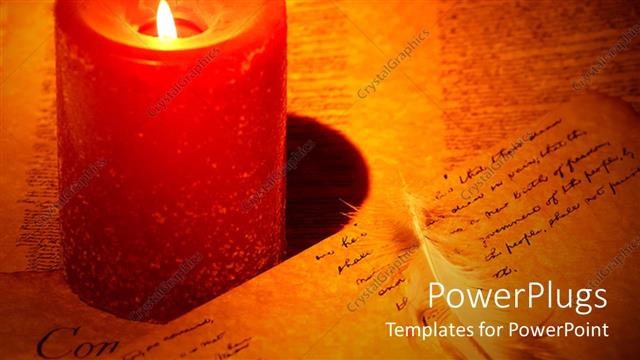  Presentation with feather - Red candle stick with handwritten documents and white feather