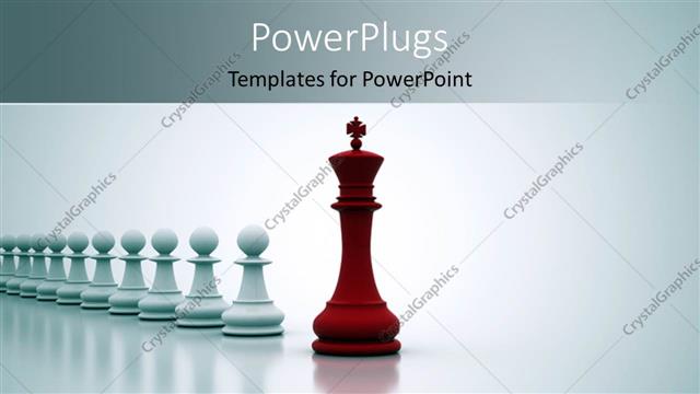  Presentation with king - Red chess king leading straight line of white pawns