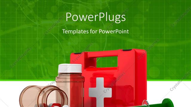  Presentation with first aid kit - Red color first aid box with medicines and syringe in foreground