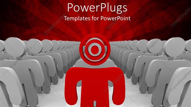  Presentation with red grey - Red colored 3D man with target head leads team of grey 3D men