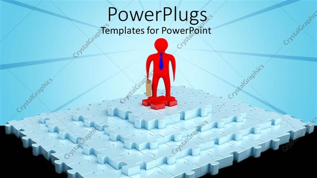  Presentation with red puzzle - A red colored character standing on a jig saw pyramid