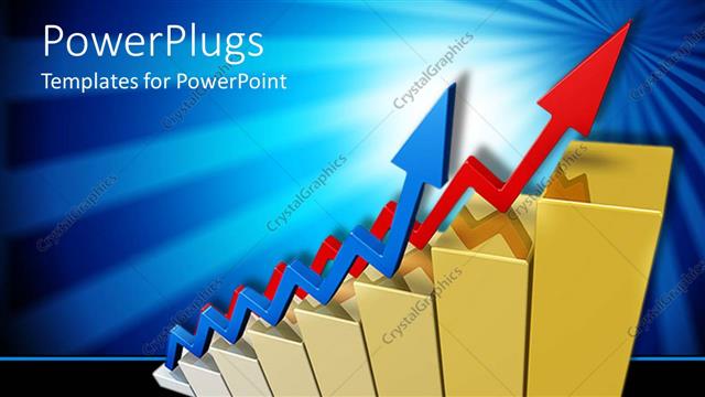  Presentation with gold bars - Red colored gold bars with two zigzag blue and red arrows