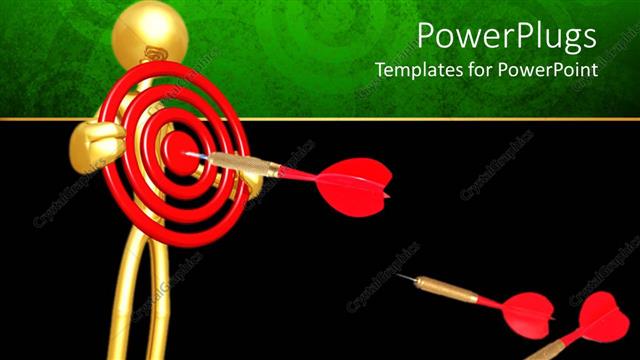  Presentation with target - Red dart hits bulls eye of target held by golden man