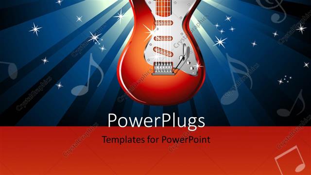  Presentation with electric - Red electric guitar over music themed background with music symbols?