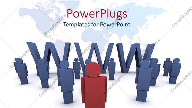  Presentation with global partnership - Red figure in front of group of blue figures surrounding three dimensional WWW