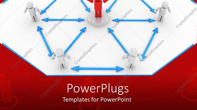  Presentation with red white blue - Red figure standing in the center of a diagram with white figures surrounding it and blue arrows connecting the figures