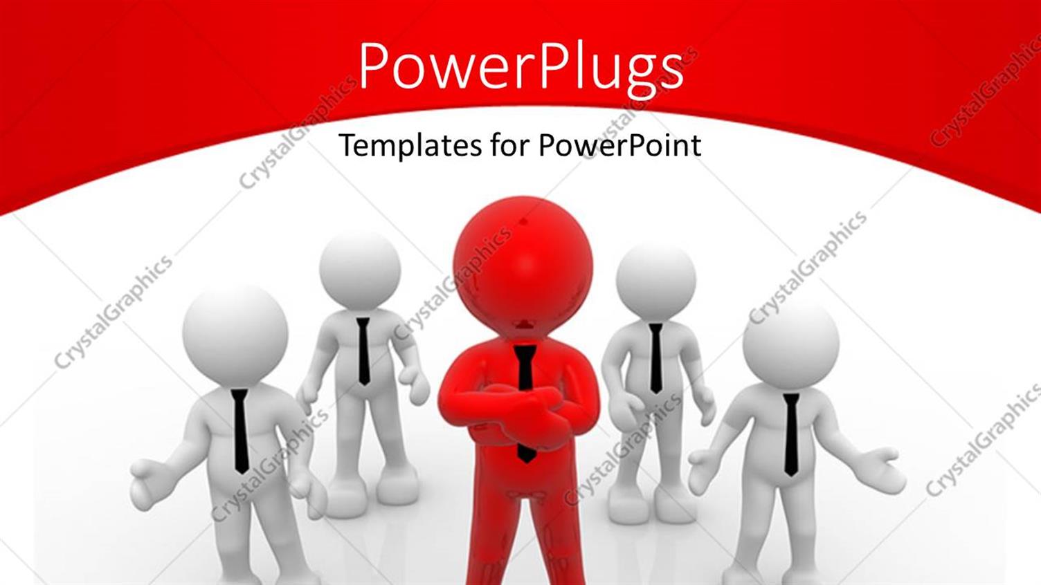 Featuring Red Figure Wearing Tie with Arms Crossed in Front of Four White Figures