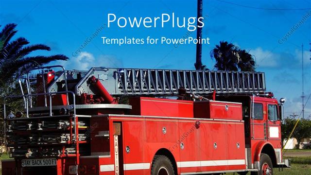  Presentation with blue fire - Red fire truck with ladder parked on grass with blue sky