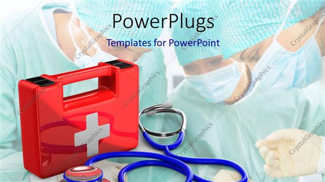  Presentation with first aid kit - Red first aid kit with medical doctors kitted with masks on