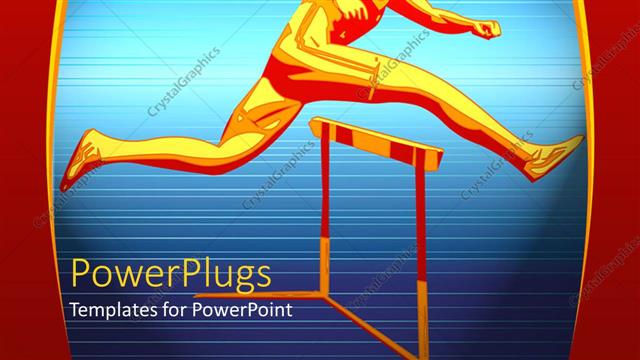  Presentation with runner - Red and gold runner jumping over hurdle with blue background, race, endurance