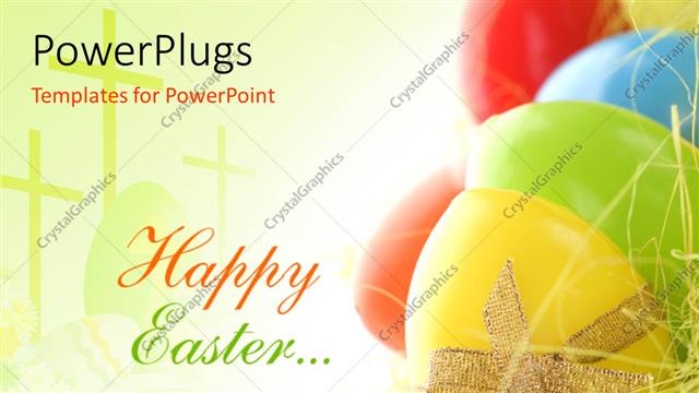  Presentation with easter - Red and green Happy Easter next to brightly colored eggs