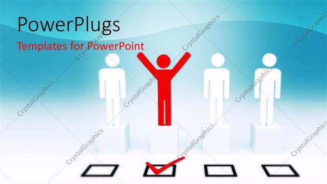  Presentation with box - Happy man raise hands after selection with check box ticked