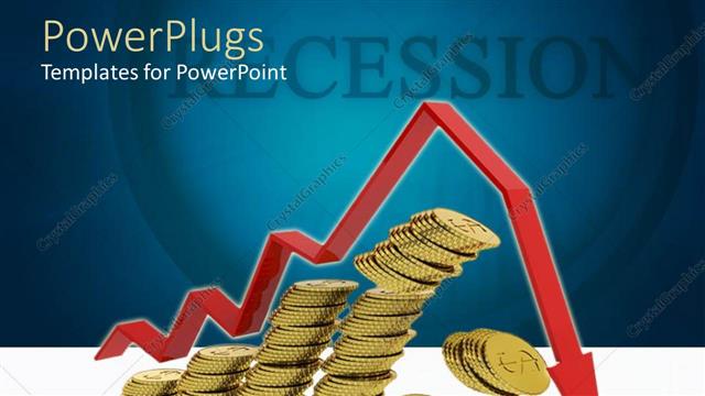  Presentation with red gold - Red line graph arrow pointing downward above stacks of gold coins