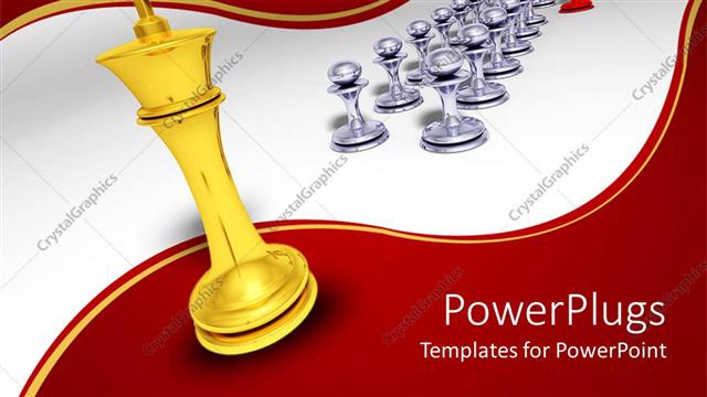  Presentation with king - Red pawn leading other chrome pawns with golden king looking on