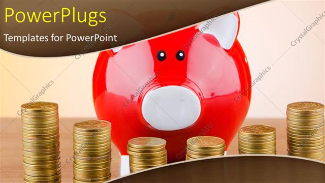  Presentation with piggy bank - Red piggy bank with stacks of gold coin on desk