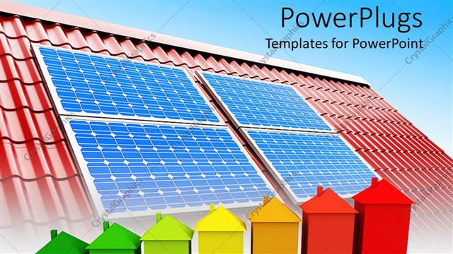  Presentation with energy efficient home - Red roof with solar panels on  it and chart of energy efficient houses