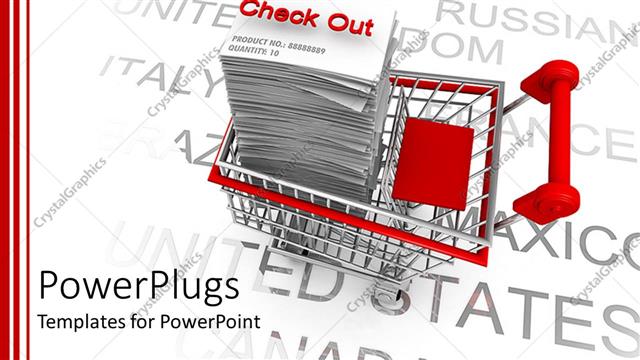  Presentation with silver - Red and silver shopping cart with stacks of papers with a 