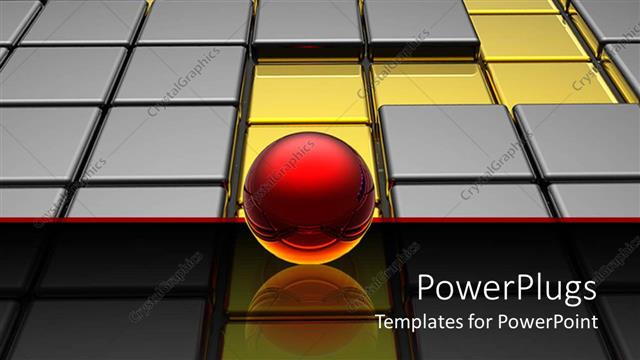  Presentation with waiting - Red sphere on glowing reflective surface waiting in front of a metallic silver and golden labyrinth