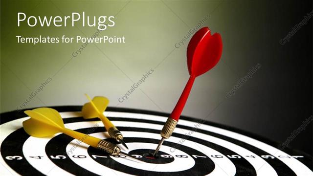  Presentation with winning - Red tailed dart stuck on bulls eye with yellow darts on target