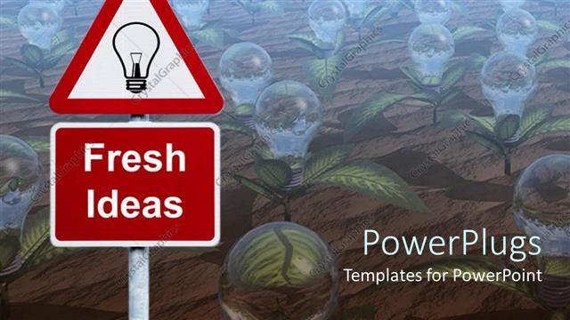  Presentation with light sign - Red triangle sign with light bulb and fresh ideas on background of seedlings