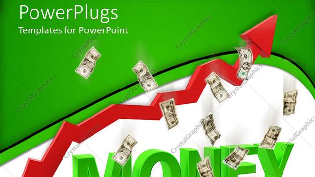  Presentation with cash - Red upward pointing arrow with falling cash over word Money