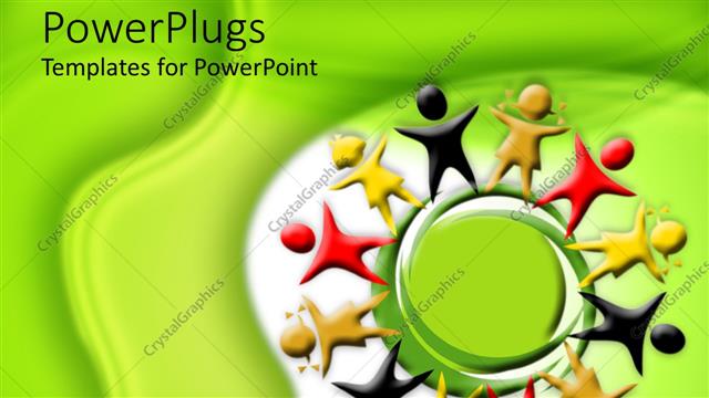  Presentation with red planet - Red, white, brown, and yellow figures standing around a green representation of planet on white background