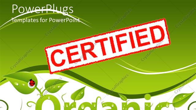  Presentation with stamp - Red and white certified stamp above organic made from young plants and lady bug on leaf